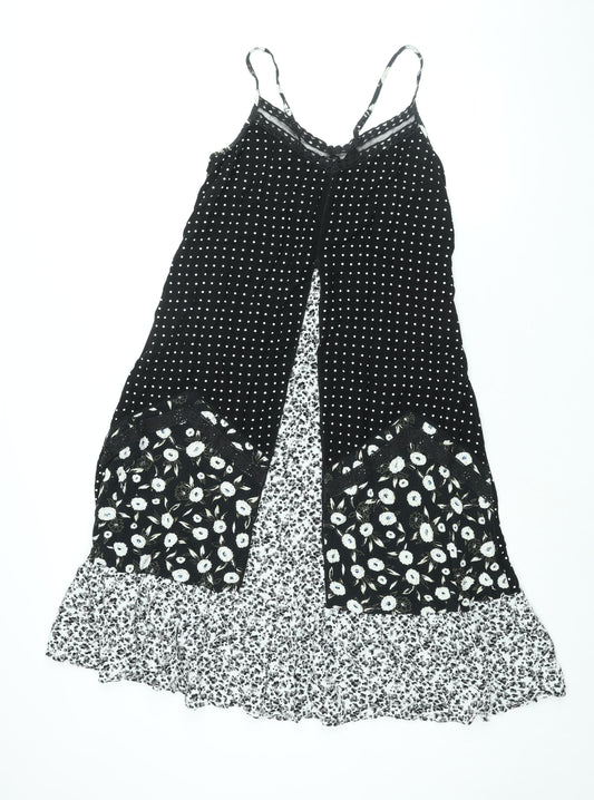 NEXT Womens Black Geometric Viscose Shift Size 14 Scoop Neck Lace Up - Lace Trim Panelled