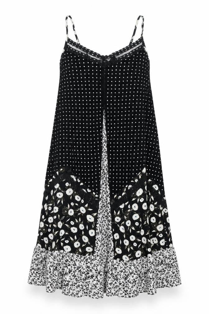 Next Womens Black Geometric Viscose Shift Size 14 Scoop Neck Lace Up - Lace Trim Panelled