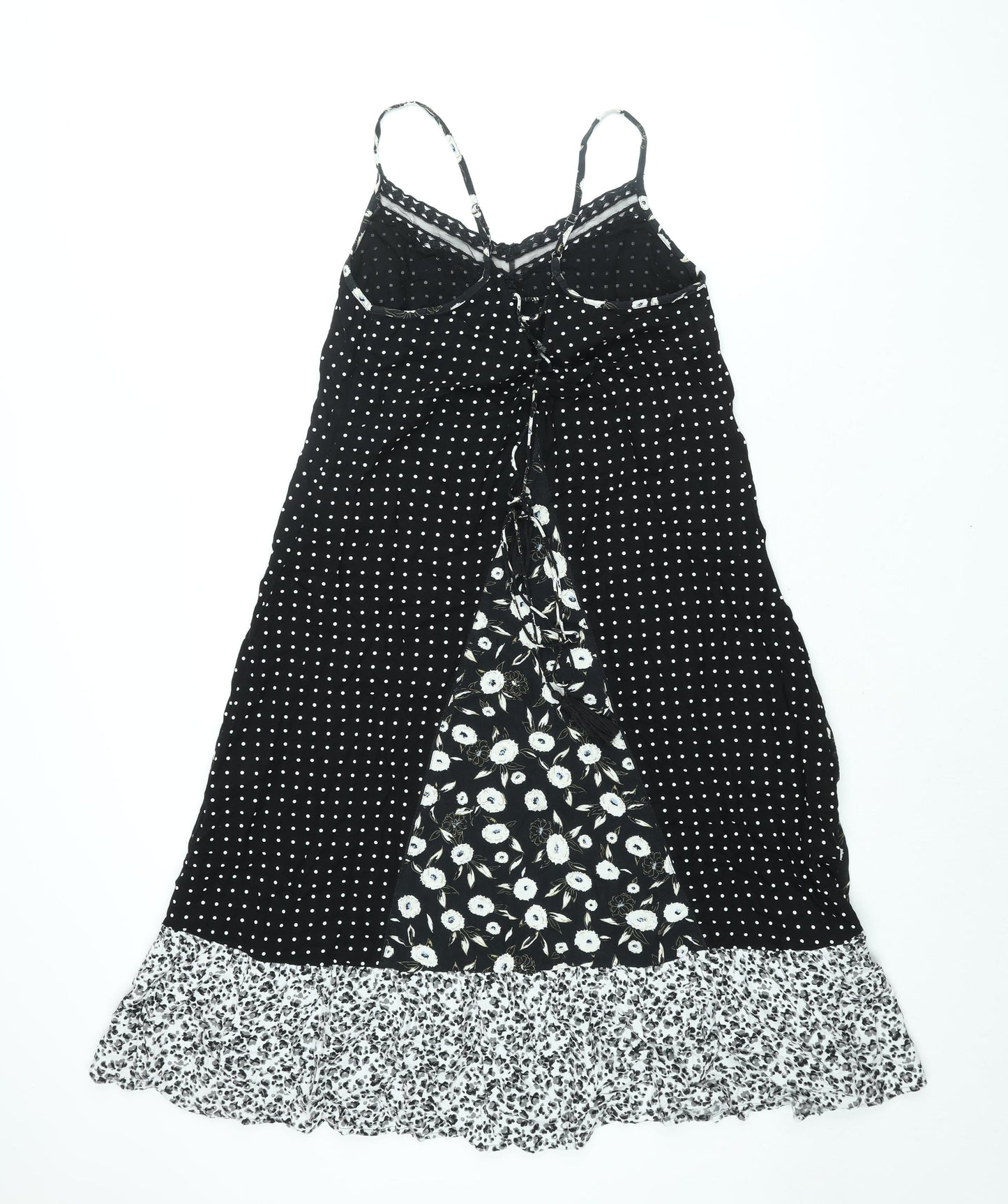 NEXT Womens Black Geometric Viscose Shift Size 14 Scoop Neck Lace Up - Lace Trim Panelled