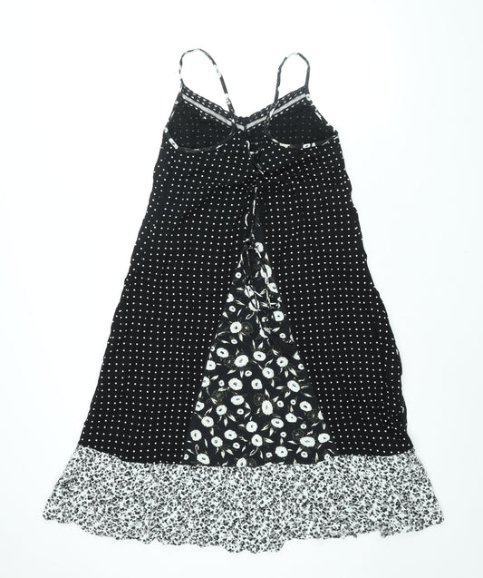 NEXT Womens Black Geometric Viscose Shift Size 14 Scoop Neck Lace Up - Lace Trim Panelled