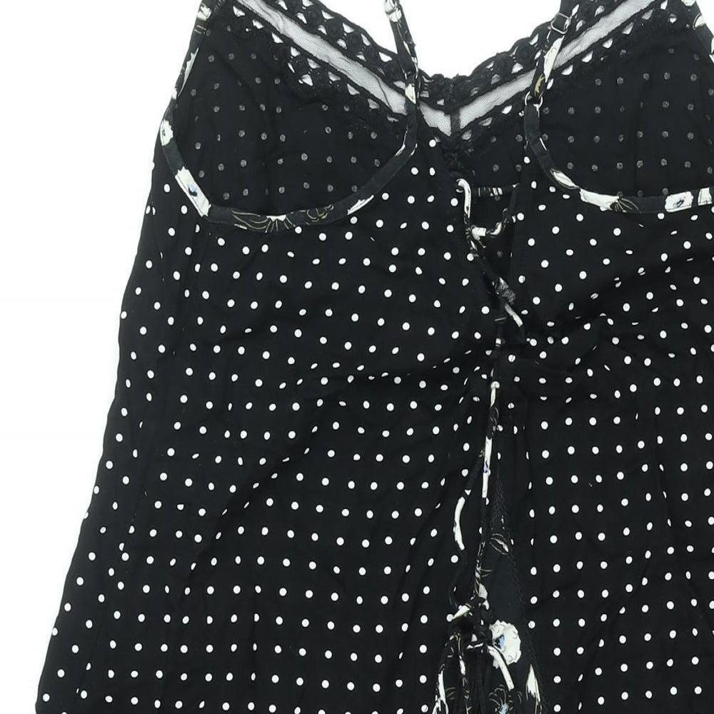 NEXT Womens Black Geometric Viscose Shift Size 14 Scoop Neck Lace Up - Lace Trim Panelled