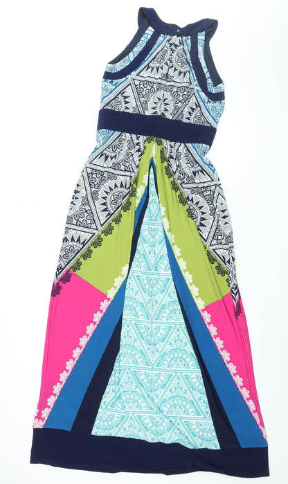 M&Co Womens Multicoloured Geometric Polyester Maxi Size 10 Round Neck Button