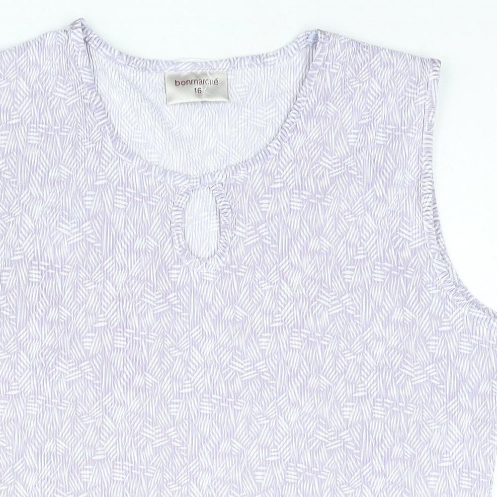 Bonmarché Womens Purple Geometric Polyester Camisole Blouse Size 16 Round Neck - Keyhole Neck Plisse