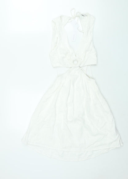 Berhska Womens White Cotton A-Line Size XS V-Neck Tie - Cut Out Embroidered