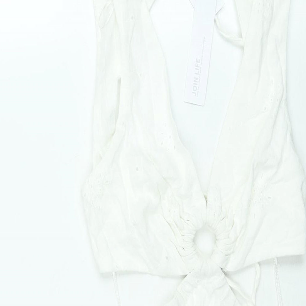 Berhska Womens White Cotton A-Line Size XS V-Neck Tie - Cut Out Embroidered