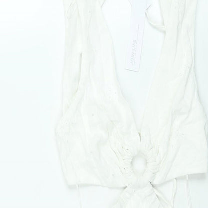 Berhska Womens White Cotton A-Line Size XS V-Neck Tie - Cut Out Embroidered