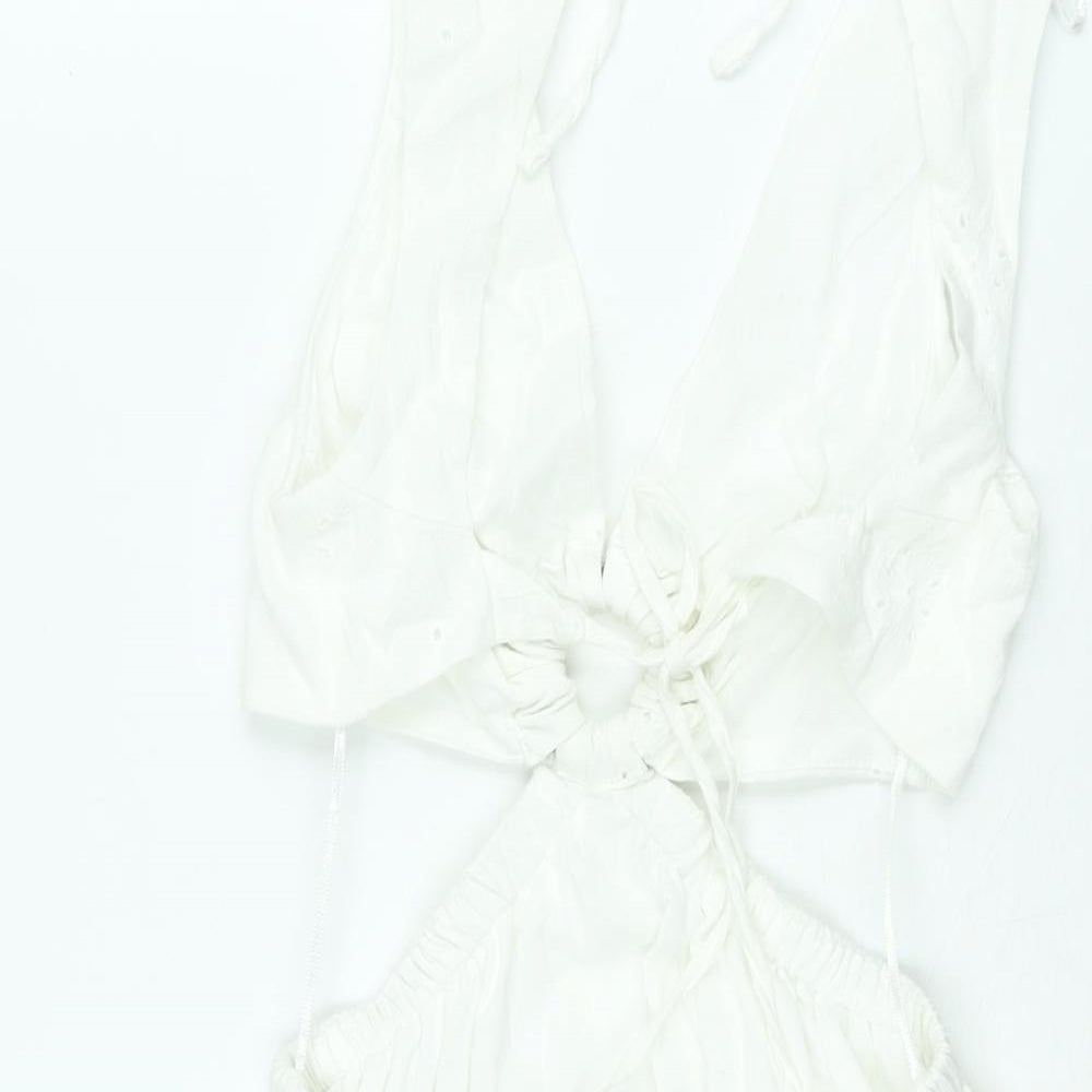 Berhska Womens White Cotton A-Line Size XS V-Neck Tie - Cut Out Embroidered