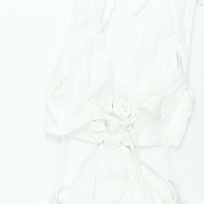 Berhska Womens White Cotton A-Line Size XS V-Neck Tie - Cut Out Embroidered