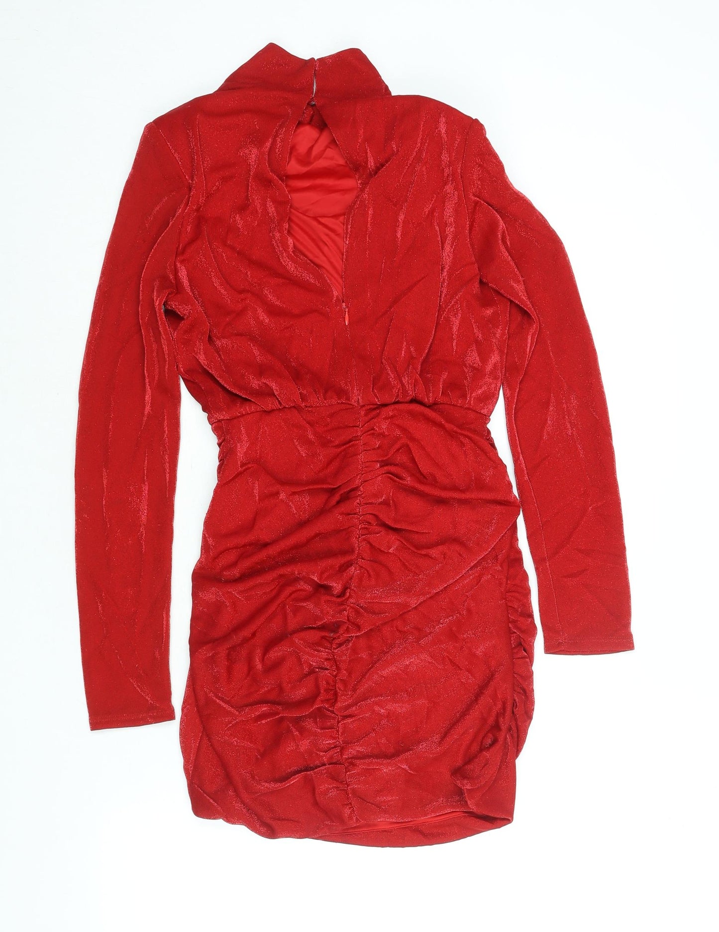 Berhska Womens Red Nylon Mini Size M Cowl Neck Button - Rouched Shoulder Pads