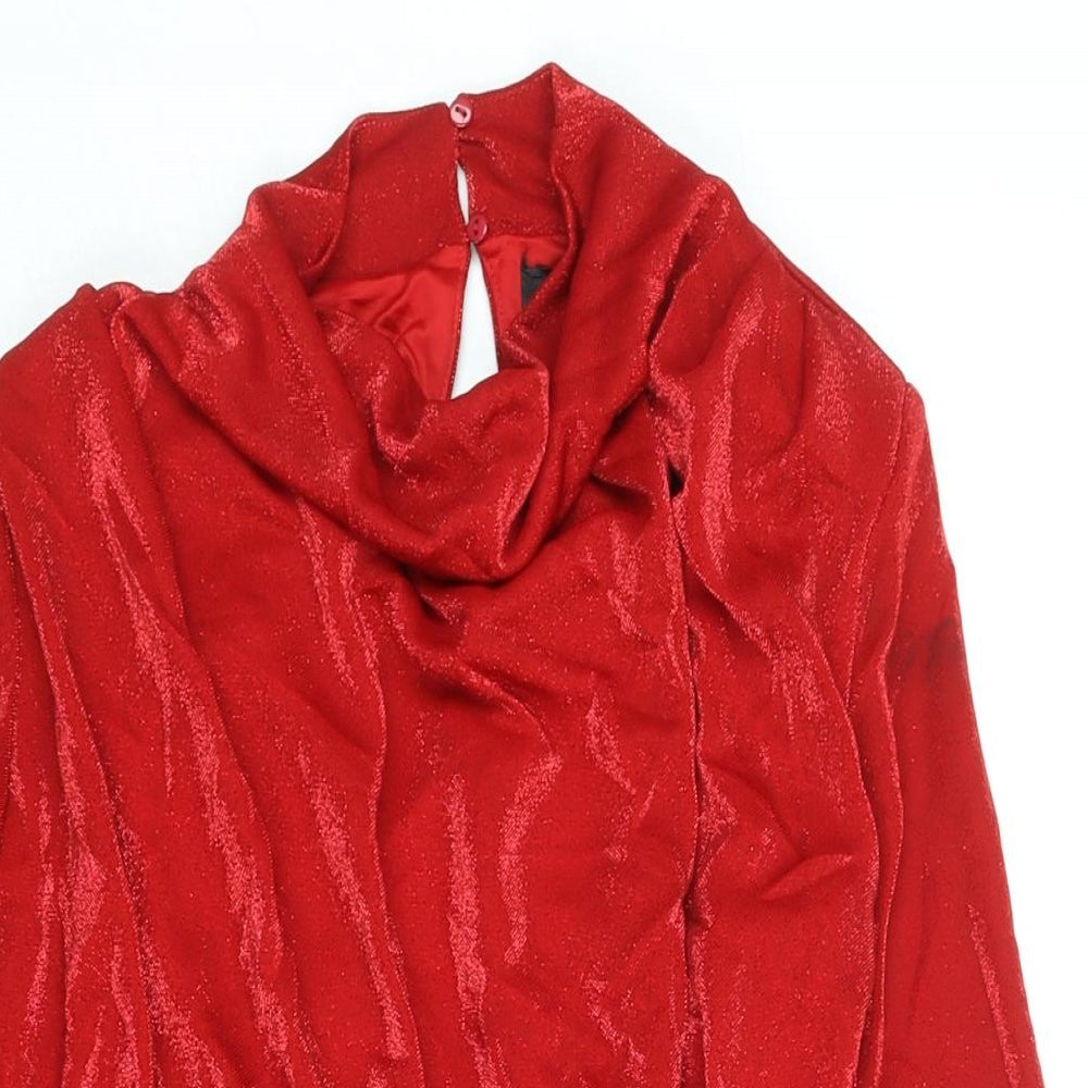 Berhska Womens Red Nylon Mini Size M Cowl Neck Button - Rouched Shoulder Pads