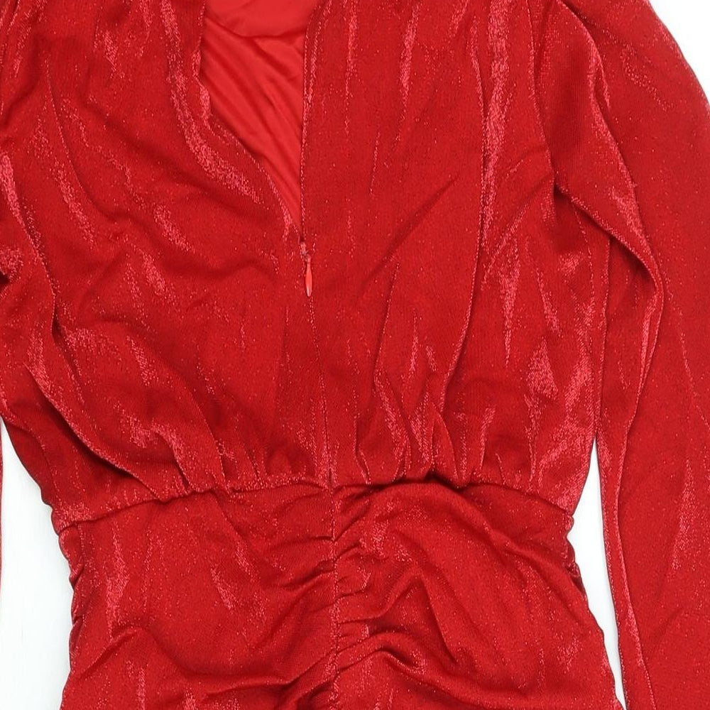 Berhska Womens Red Nylon Mini Size M Cowl Neck Button - Rouched Shoulder Pads
