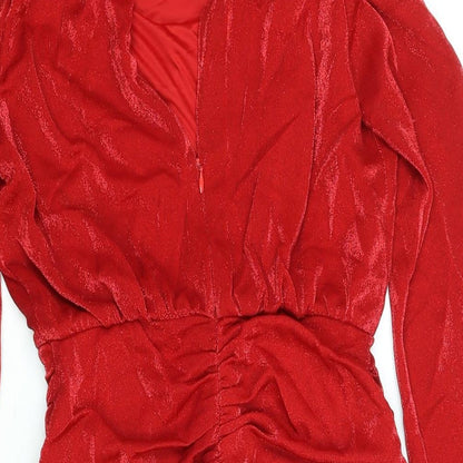 Berhska Womens Red Nylon Mini Size M Cowl Neck Button - Rouched Shoulder Pads