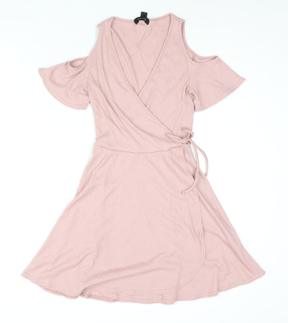 New Look Womens Pink Polyester Wrap Dress Size 8 Round Neck Tie - Cold Shoulder