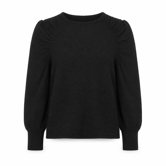 Front view of b.young women’s black polyester basic blouse, size S, round neck - textured