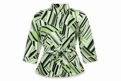 Blue Diamond Womens Green Geometric Polyester Basic Button-Up Size L Collared - Belted