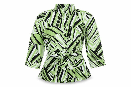 Blue Diamond Womens Green Geometric Polyester Basic Button-Up Size L Collared - Belted