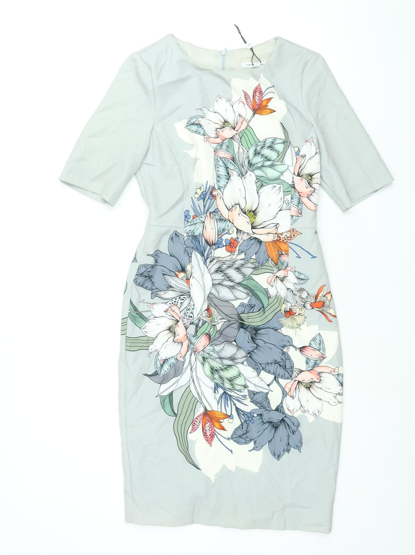 Fenn Wright Manson Womens Grey Polyester Pencil Dress Size 8 Round Neck Zip - Floral Print