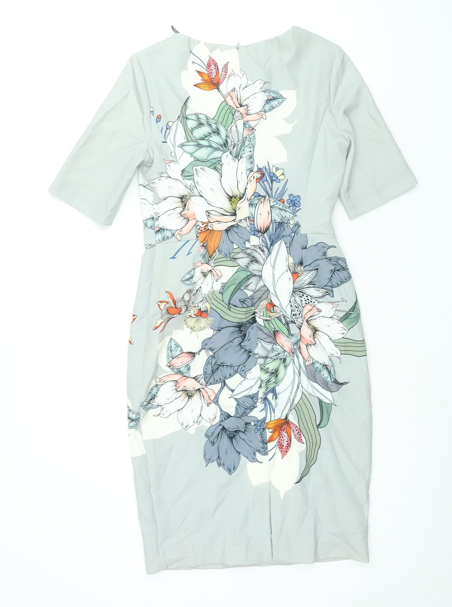 Fenn Wright Manson Womens Grey Polyester Pencil Dress Size 8 Round Neck Zip - Floral Print