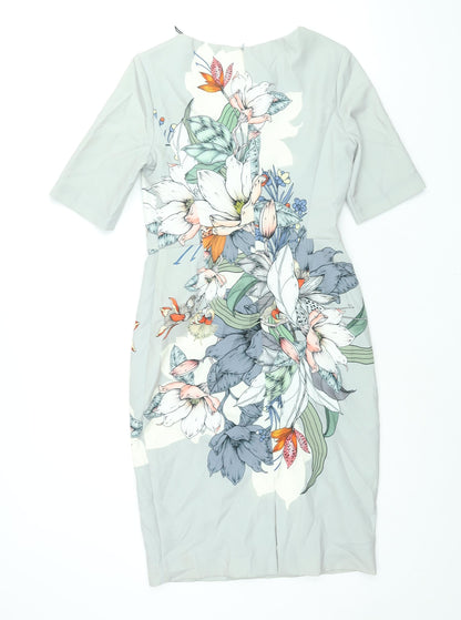 Fenn Wright Manson Womens Grey Polyester Pencil Dress Size 8 Round Neck Zip - Floral Print