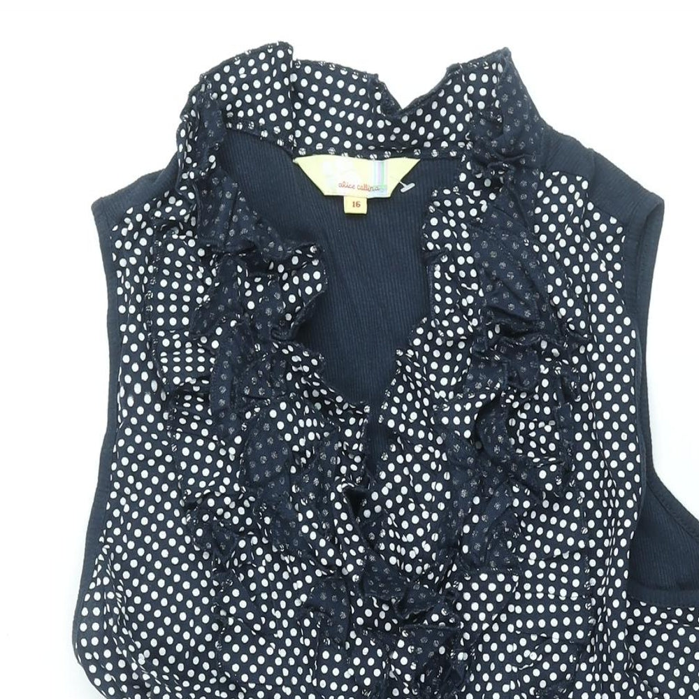 Alice Collins Womens Blue Polka Dot Cotton Shift Size 16 V-Neck Pullover - Frill