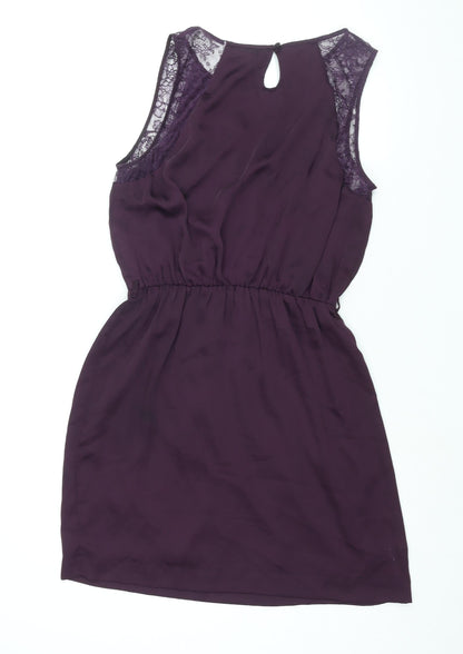 New Look Womens Purple Polyester Shift Size 12 Round Neck Button - Lace Detail