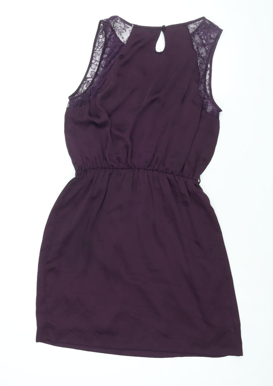 New Look Womens Purple Polyester Shift Size 12 Round Neck Button - Lace Detail