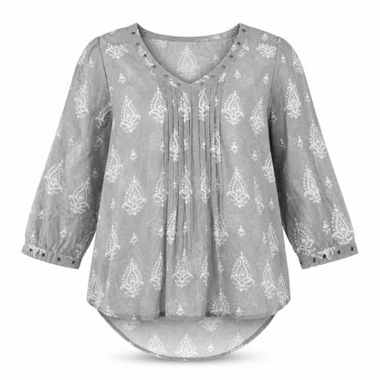 Next Womens Grey Geometric Polyester Basic Blouse Size 8 V-Neck - Eyelet Detail Semi Sheer