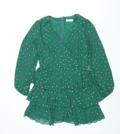 Quiz Womens Green Geometric Polyester A-Line Size 8 V-Neck Zip - Layered Frill