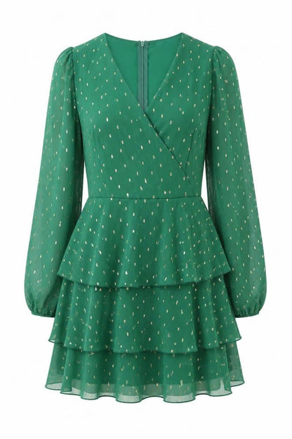 Quiz Womens Green Geometric Polyester A-Line Size 8 V-Neck Zip - Layered Frill