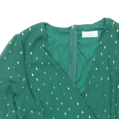 Quiz Womens Green Geometric Polyester A-Line Size 8 V-Neck Zip - Layered Frill