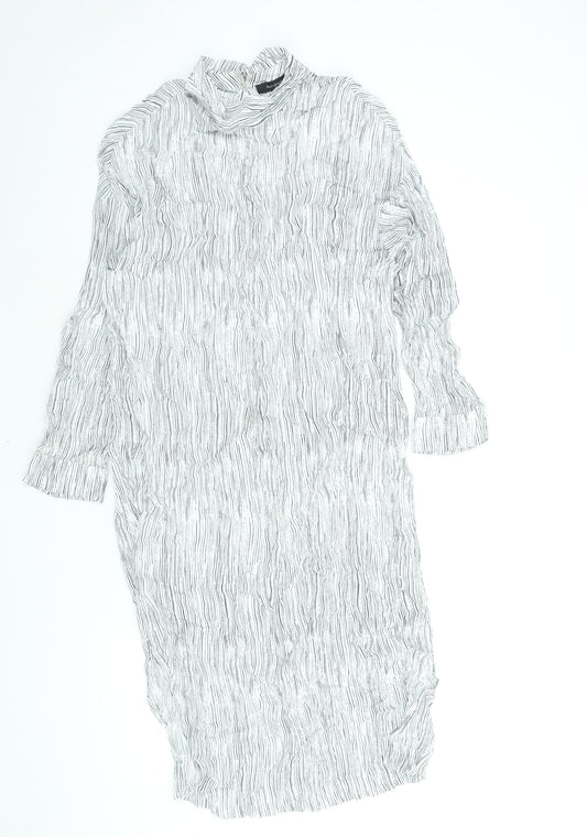 Autograph Womens White Striped Viscose Shift Size 12 Mock Neck Button - Side Slits