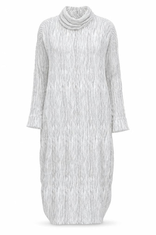 Front view of Autograph women’s white striped viscose shift, size UK 12, mock neck button - side slits