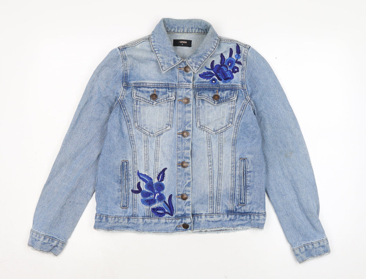 Additional front view of Denim women’s blue biker jacket, size UK 8, button