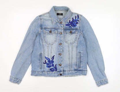 Additional front view of Denim women’s blue biker jacket, size UK 8, button