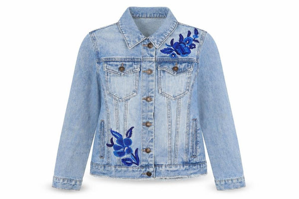 Front view of Denim women’s blue biker jacket, size UK 8, button