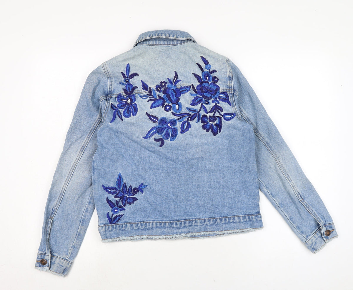 Back view of Denim women’s blue biker jacket, size UK 8, button
