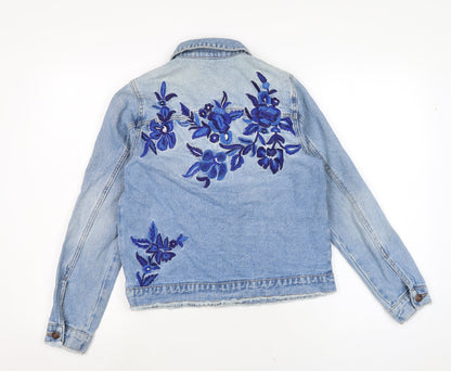 Back view of Denim women’s blue biker jacket, size UK 8, button