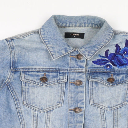 Close-up detail of Denim women’s blue biker jacket, size UK 8, button