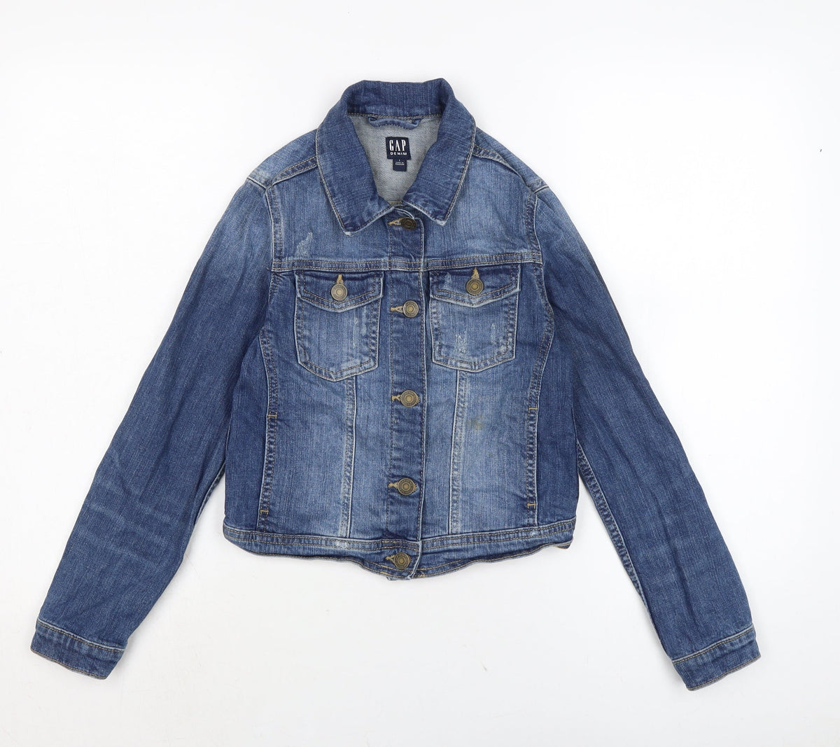 Additional front view of Gap girls’ blue biker jacket, size L, button