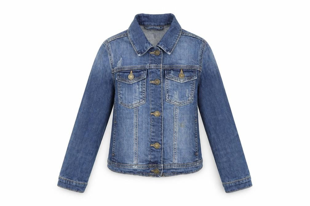 Front view of Gap girls’ blue biker jacket, size L, button