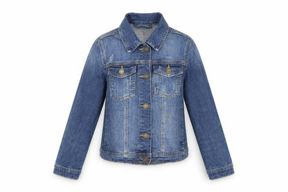 Front view of Gap girls’ blue biker jacket, size L, button