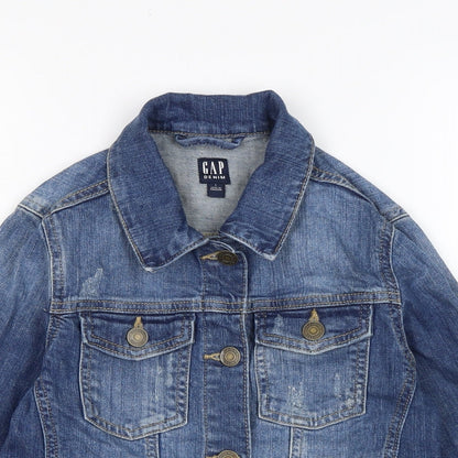 Close-up detail of Gap girls’ blue biker jacket, size L, button