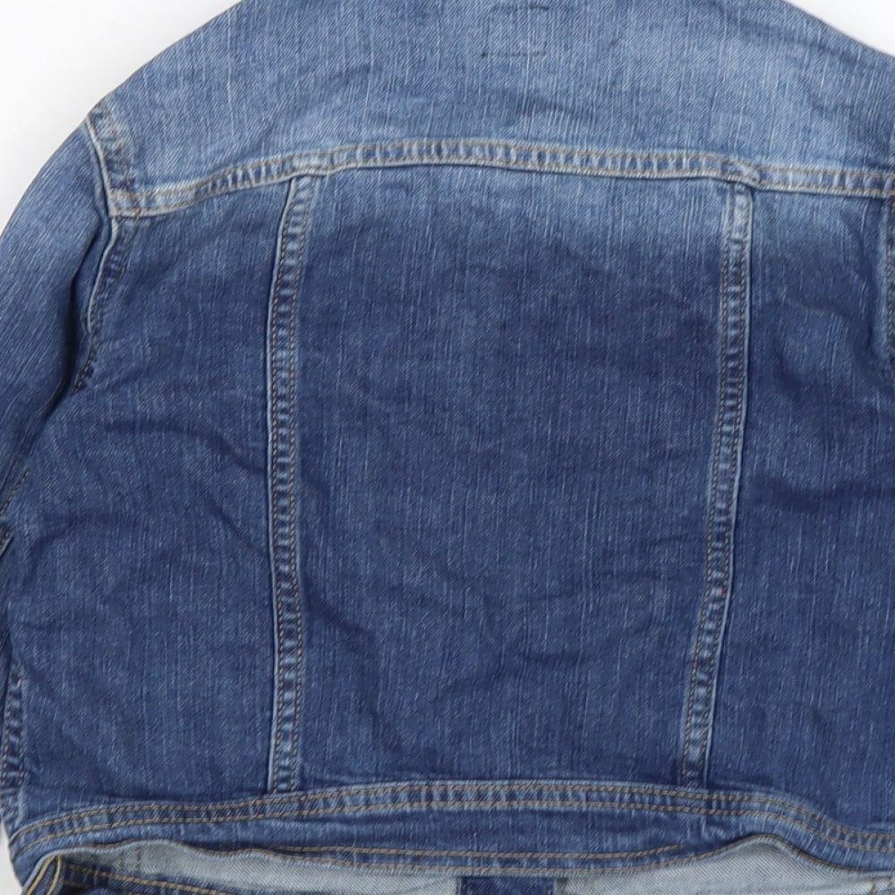 Brand and care label for Gap girls’ blue biker jacket, size L, button