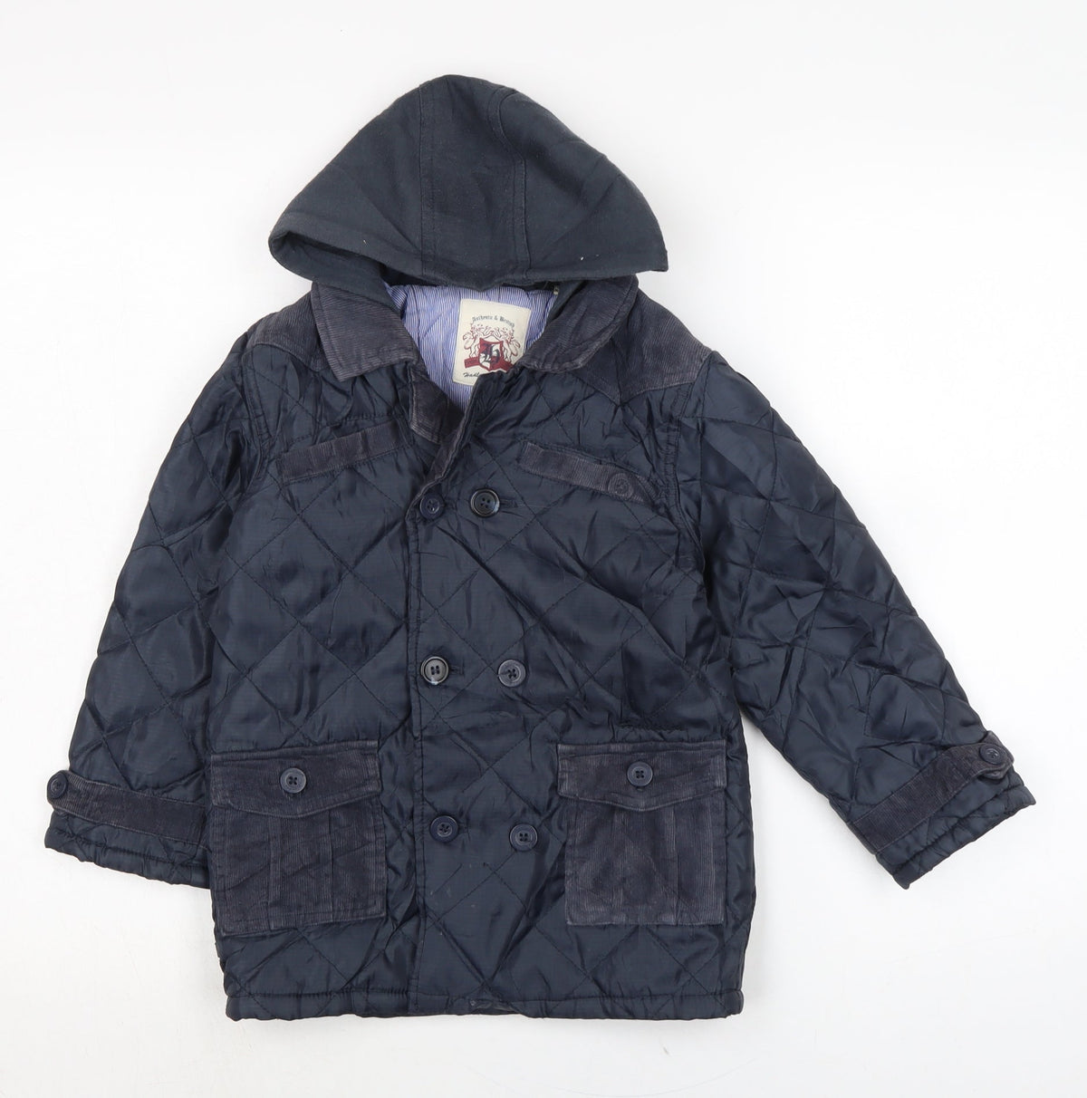 Additional front view of Hadleigh boys’ blue quilted coat, size 4-5, years button