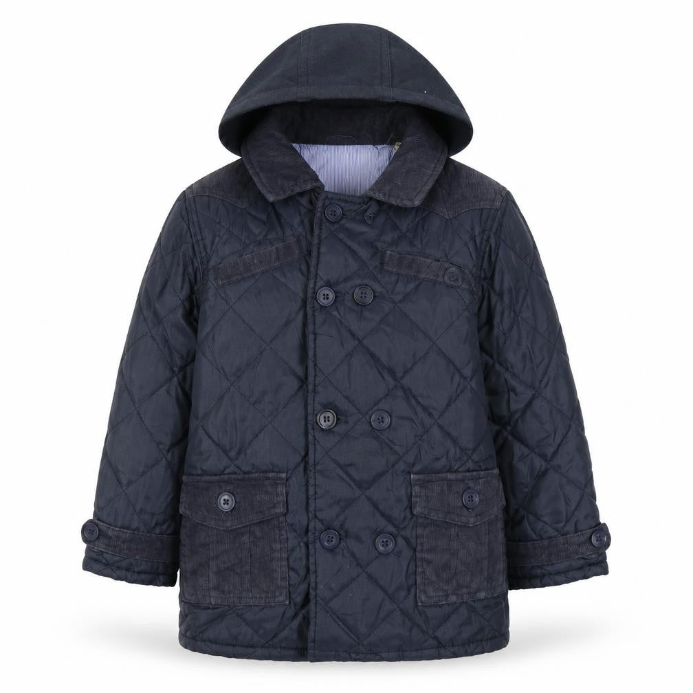 Front view of Hadleigh boys’ blue quilted coat, size 4-5, years button