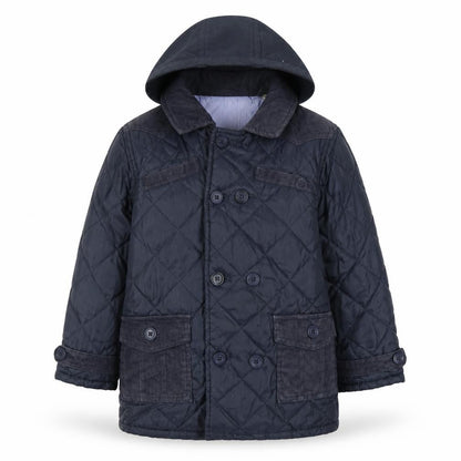 Front view of Hadleigh boys’ blue quilted coat, size 4-5, years button