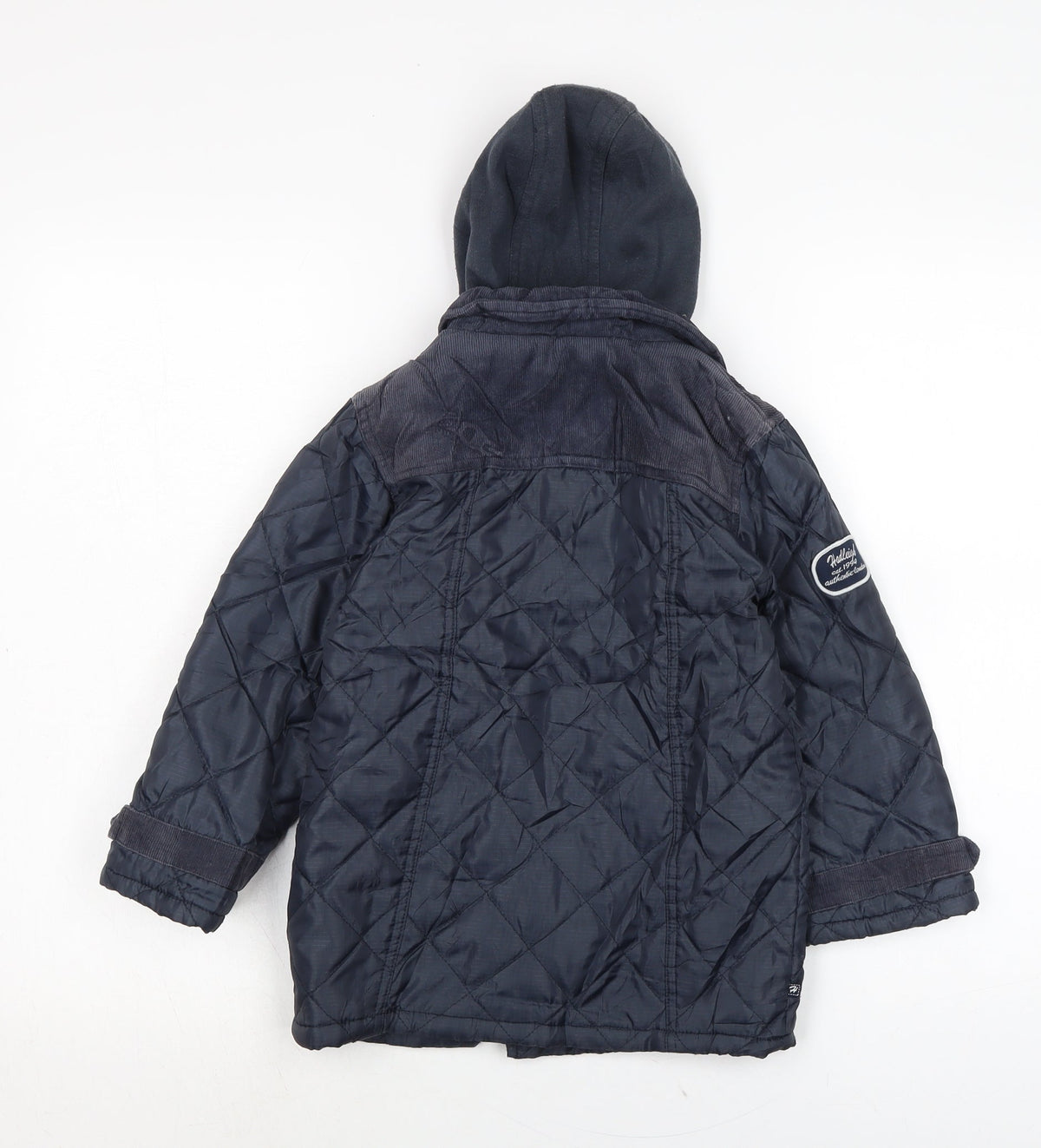 Back view of Hadleigh boys’ blue quilted coat, size 4-5, years button