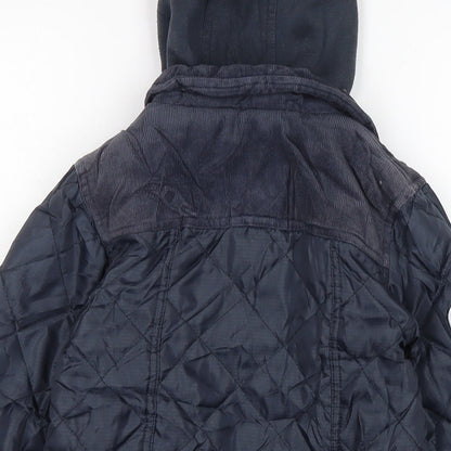 Brand and care label for Hadleigh boys’ blue quilted coat, size 4-5, years button