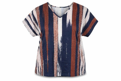 Noracora Womens Multicoloured Striped Polyester Basic T-Shirt Size XL V-Neck