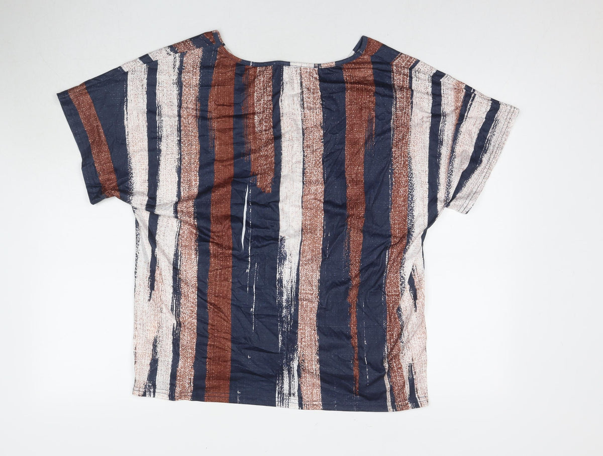Noracora Womens Multicoloured Striped Polyester Basic T-Shirt Size XL V-Neck